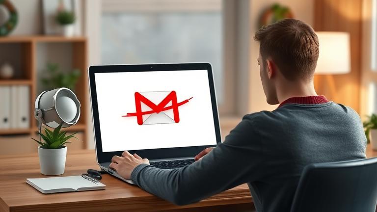 alt_text: Person at desk deleting Pinterest from Gmail inbox in a cozy, professional home office.