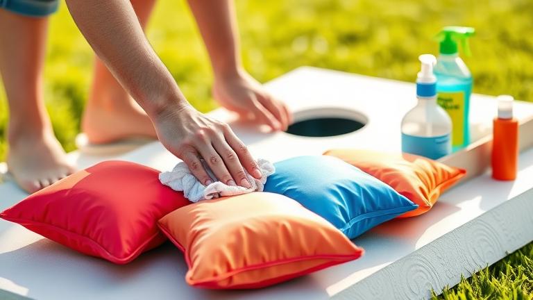 alt_text: Person cleaning colorful cornhole bags with a cloth in a bright, casual setting.