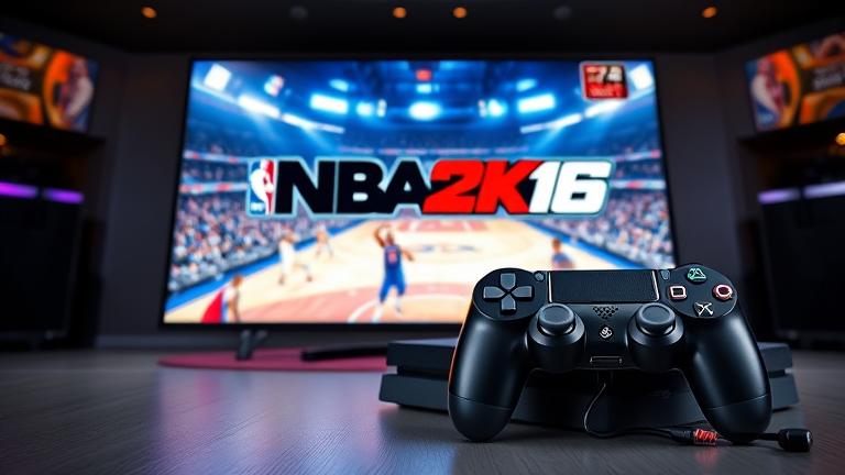 alt_text: PS4 with controller and vibrant TV showing NBA 2K16 basketball action in a packed stadium.