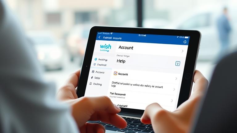 alt_text: Person deletes Wish account via Facebook on laptop, with Settings and logos visible.