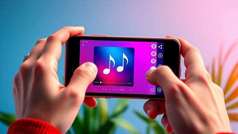 alt_text: Person saves an Instagram story with music on their phone, showing musical notes and icons.