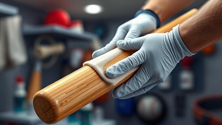alt_text: Person cleaning a baseball bat with a cloth in a bright, professional sports setting.