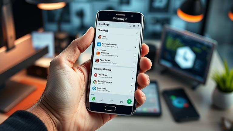 alt_text: Person holding Galaxy S7 in a modern tech setup, showing app settings and uninstall process.