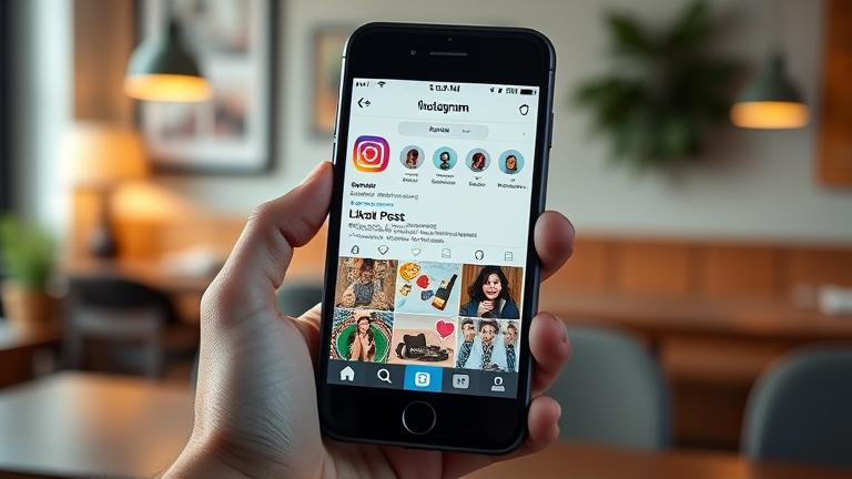 alt_text: Smartphone showing Instagram liked posts, held in a cozy, modern workspace.