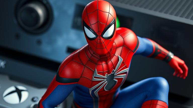 alt_text: Spider-Man in red and blue suit with Xbox-themed background, sparking gaming curiosity.