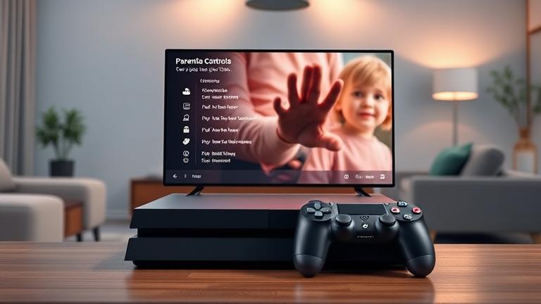 alt_text: PS4 near a TV with parental controls menu; hand navigating, family-friendly setting, warm lighting.