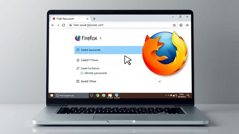 alt_text: Firefox password manager open, cursor deleting a saved password, padlock icon for security.