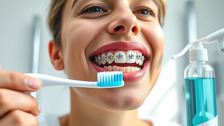 alt_text: Person cleaning braces with toothbrush, interdental brush, and mouthwash in modern bathroom.