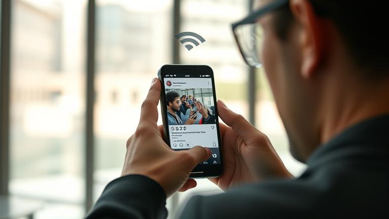 alt_text: Person saving an Instagram Live video on their phone in a modern setting.