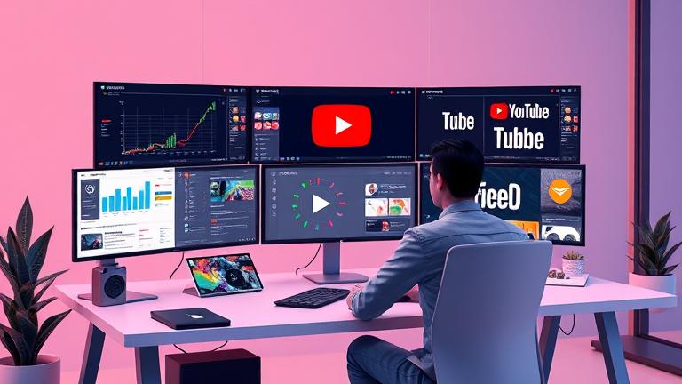 alt_text: Person managing YouTube analytics and branding on multiple screens at a modern desk.
