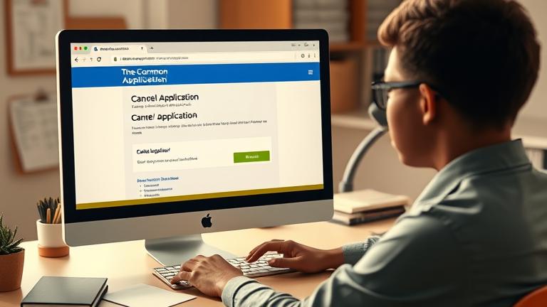 alt_text: Person at desk reviewing Common App, considering cancel option in a calm, organized space.