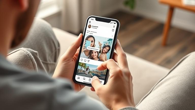 alt_text: Person explores deleted Instagram posts on their phone in a cozy, modern setting.