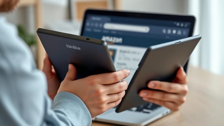 alt_text: Person with Kindle, exploring account deletion options on Amazon website, in calming blue tones.
