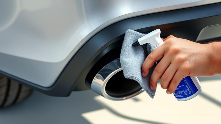 alt_text: Person cleaning and polishing a shiny chrome exhaust tip on a modern car.