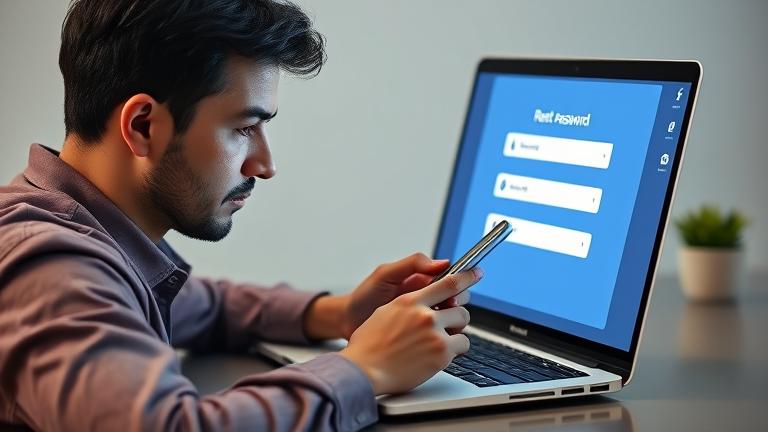 alt_text: Person using device with password reset UI, lock icon, and tech background for cybersecurity.