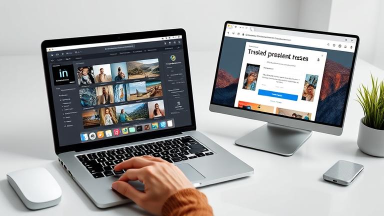 alt_text: MacBook with Lightroom presets, download page, hands using mouse, sleek, professional.