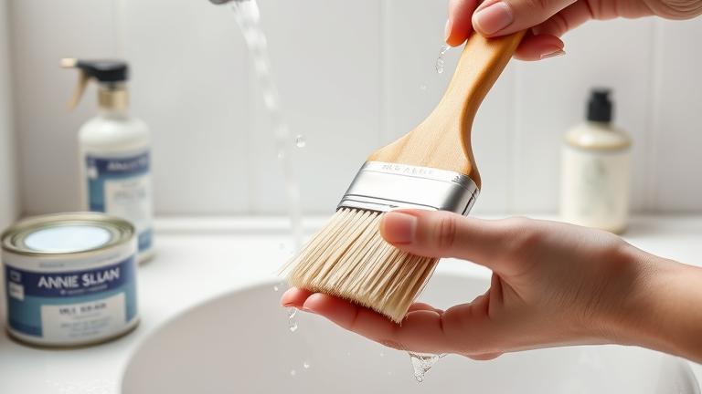 alt_text: Person cleaning an Annie Sloan wax brush with warm water amid wax cans and supplies.