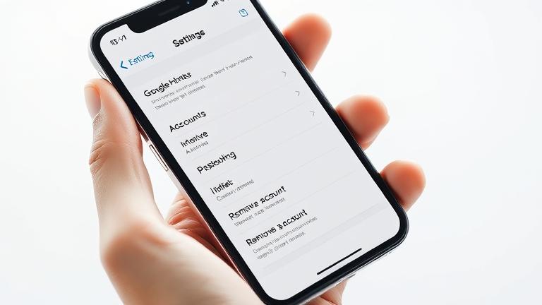 alt_text: Person holding iPhone with Settings open, removing a Google account, modern background.