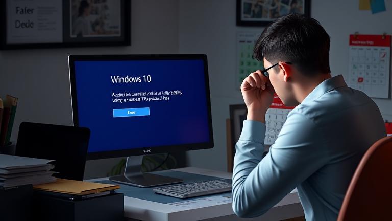 alt_text: Frustrated user at cluttered desk faces Windows activation error with outdated date.