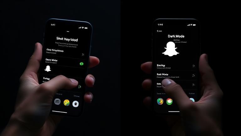 alt_text: Smartphone split view showing Snapchat in regular and dark mode, with user accessing settings.
