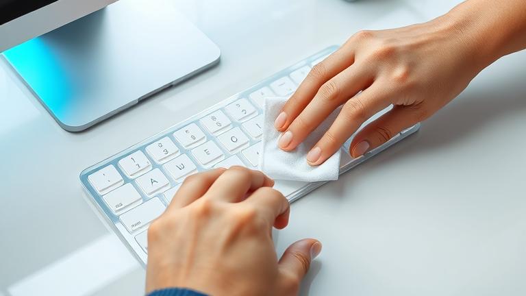 alt_text: Person cleaning a transparent keyboard cover with a cloth in a clean, well-lit workspace.