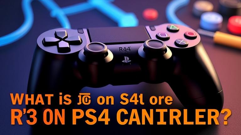alt_text: Close-up of PS4 controller highlighting R3 button with sleek gaming background and overlay text.