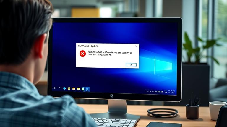 alt_text: Frustrated user facing Windows 10 error "0x80242008" on a modern workspace.
