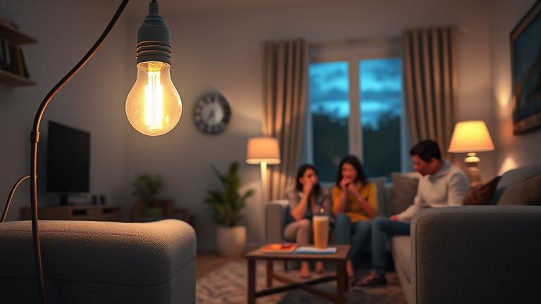 alt_text: Family notices flickering lights in living room, looking puzzled during a brief outage.