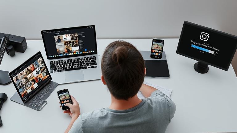 alt_text: Person organizing Instagram photos on multiple devices in a modern workspace.