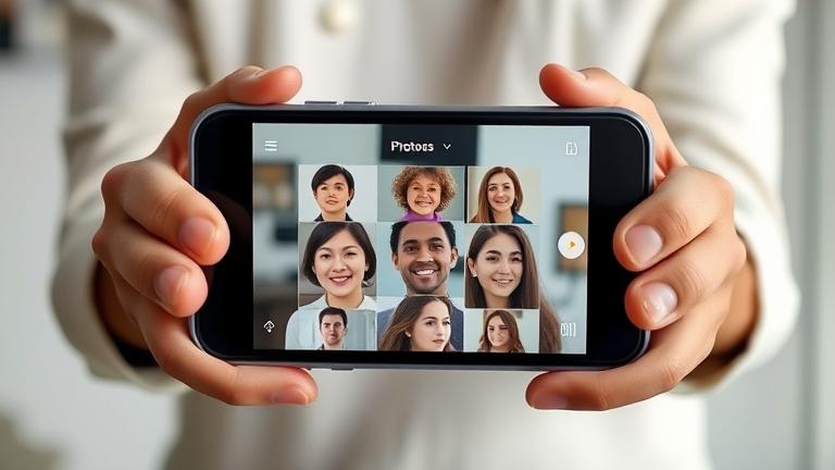 alt_text: iPhone displaying Photos app with face recognition, faces grouped and highlighted in hand.