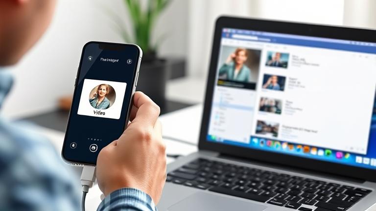 alt_text: Person connects iPhone to PC via USB, transferring videos with clear file explorer view.