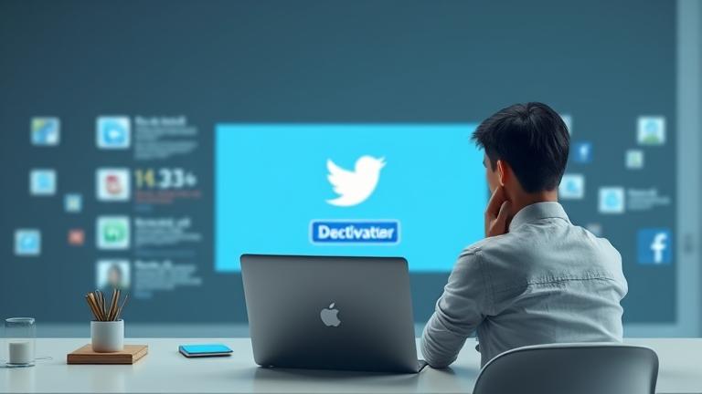 alt_text: Person at desk with laptop showing Twitter deactivation; fading social icons suggest uncertainty.