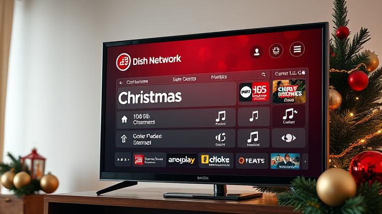 alt_text: TV guide showing Christmas music channels with holiday ornaments and lights around.