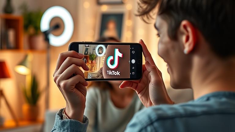 alt_text: Person filming TikTok on phone, smiling in cozy room with props, bright and inviting.
