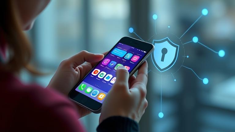 alt_text: Person with phone, shopping apps, privacy shield, symbols of online tracking, digital background.