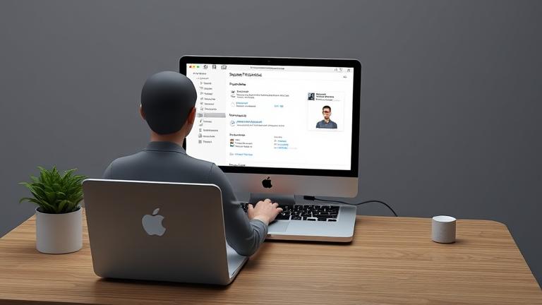 alt_text: Person managing MacBook user accounts, symbolizing admin deletion and security.