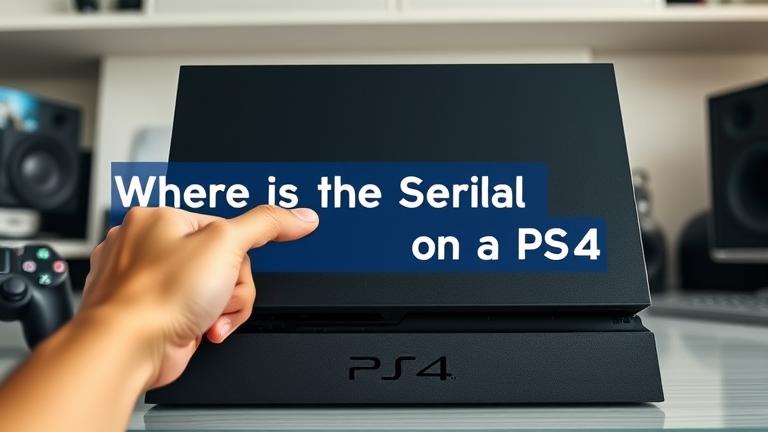 alt_text: Close-up of a PS4 with a hand pointing to the serial number area in a modern gaming setup.