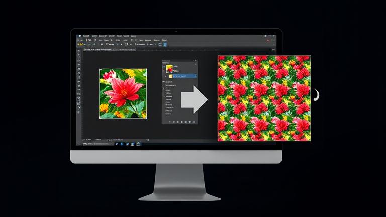 alt_text: Photoshop screen transforming a photo into a seamless, tiled pattern with tools and grids.