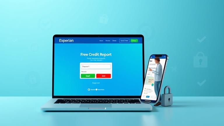 alt_text: Person checks Experian account for free credit report on a laptop with trust icons.