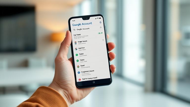 alt_text: Person holding phone with Google Account settings, managing or removing account easily.