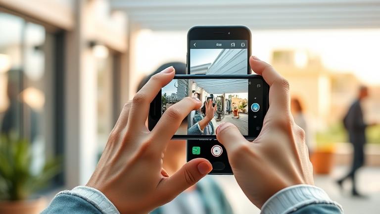 alt_text: Person sets selfie timer on phone for Instagram in a stylish, well-lit trendy setting.