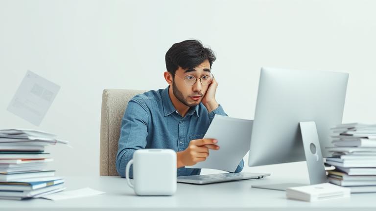 alt_text: Person looks confused at desk over missing Yahoo emails on screen and cluttered workspace.