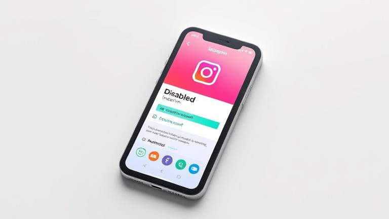 alt_text: Smartphone showing inactive Instagram, user contemplating recovery, with social icons and neutral background.