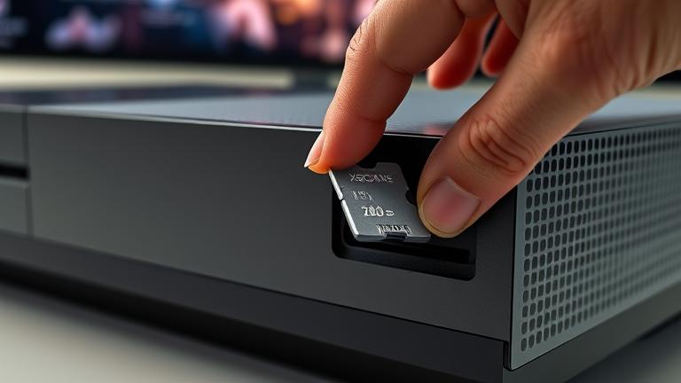alt_text: Close-up of hand inserting a memory card into an Xbox One console in a gaming setup.