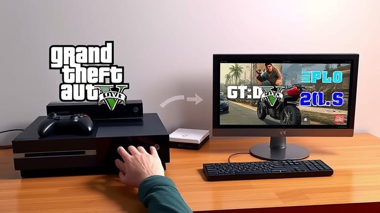 alt_text: Playing GTA on Xbox and PC with transfer icons showing account migration process.