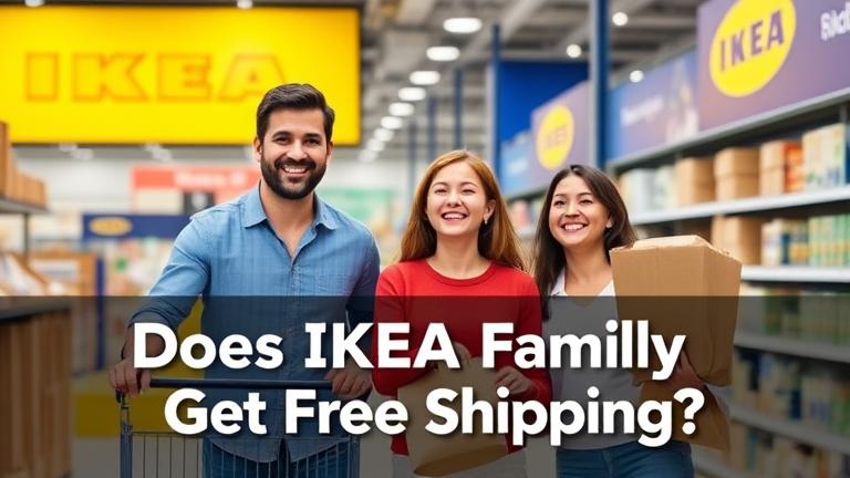 alt_text: Cheerful family shopping at IKEA with products, carts, and "Free Shipping?" overlay.
