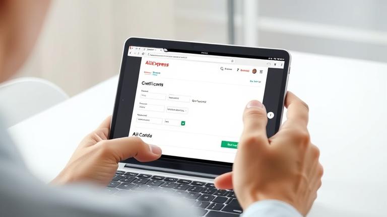 alt_text: Person updates credit card info on AliExpress via smartphone or laptop, emphasizing security.