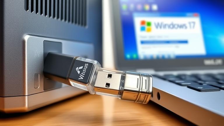 alt_text: Laptop with USB drive and Windows setup screen illustrating Windows 7/Vista installation.