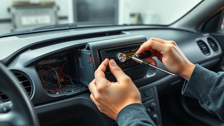 alt_text: Car dashboard being wired for AUX with hands installing connector in a workshop.