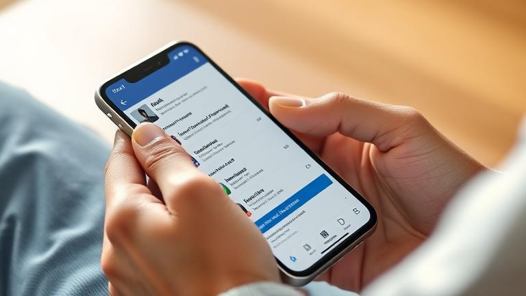 alt_text: Person uses phone with Facebook app open, showing report options and notifications.